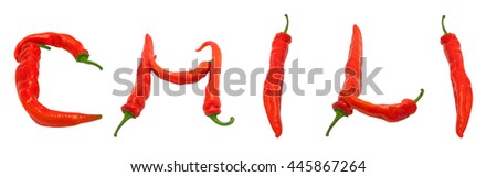 CHILI text composed of red and green peppers. Isolated on white background.