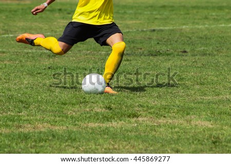 Soccer player shoot the ball with right foot on stadium