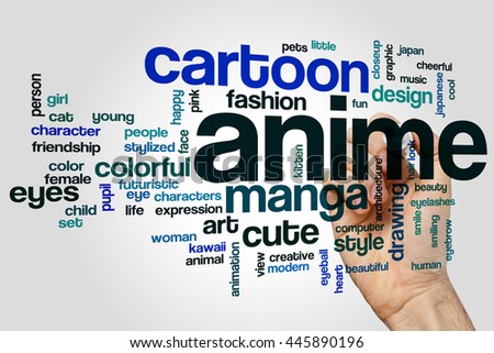 Anime word cloud concept with cartoon manga related tags