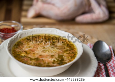 Traditional turkish chicken broth soup at home in the kitchen