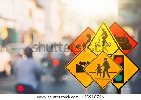Set of traffic sign on blur road traffic background. Retro color style.