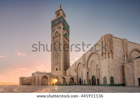 Ray of light at Hassan II Mosque, largest mosque in Morocco. Shot after sunset at blue hour in Casablanca. Royalty-Free Stock Photo #445911136