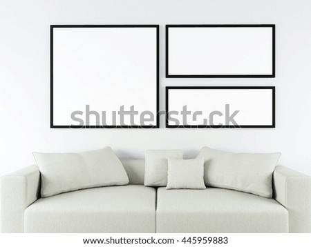 Living sofa and three blank pictures frame idea for copy space