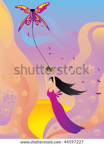 Kite-flying girl vector illustration