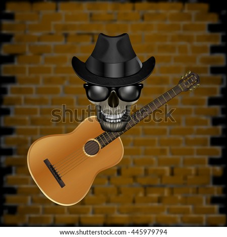 raster version of a skull wearing a hat with a jazz guitar on the brick wall background. Blackout on the sides allow the use of any image on a black background.