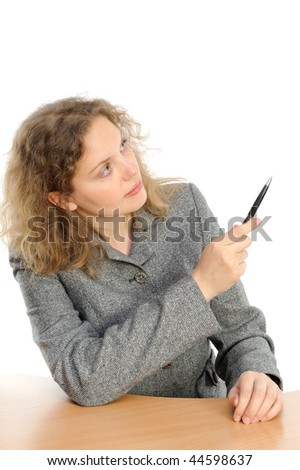    Business woman drawing something on screen with a pen - isolated over a white background
