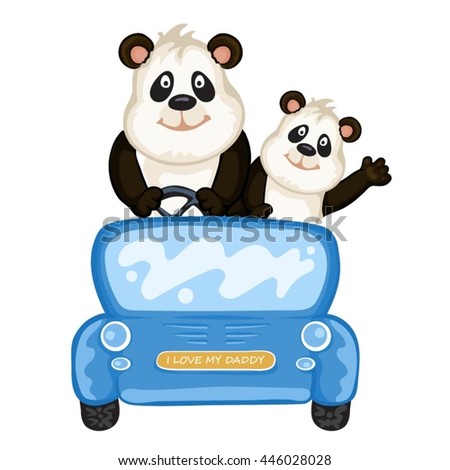 Daddy and baby panda in a blue car