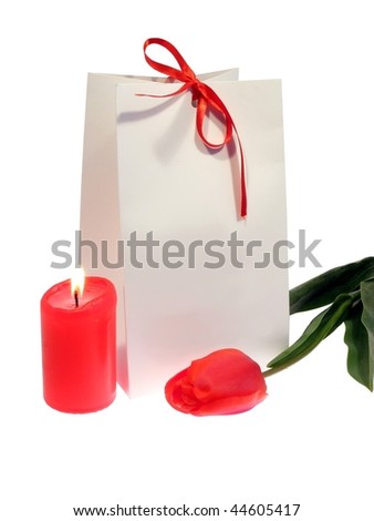 Packing box for a gift, tulip candle and isolated on a white background