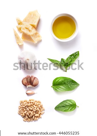 ingredients for pesto isolated on white background. top view Royalty-Free Stock Photo #446055235