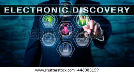 Investigator pushing ELECTRONIC DISCOVERY on a screen. A black hat hacker icon is lighting up in purple. A green open padlock signifies authorized access to data evidence. Digital forensics concept.