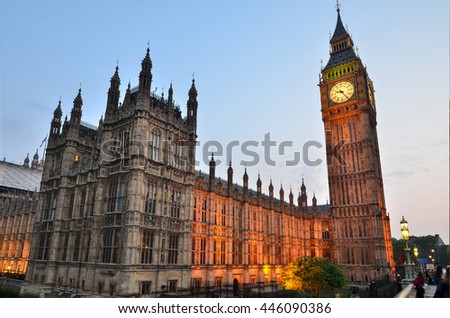 Houses of Parliament, Big Ben, London, England, uk Royalty-Free Stock Photo #446090386