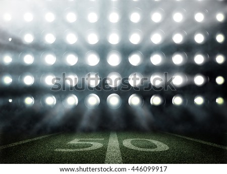 American football stadium in lights and flashes in 3d Royalty-Free Stock Photo #446099917