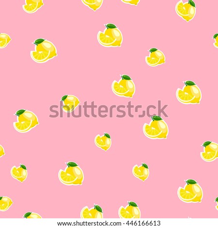 Pattern with lemon and leaves on pink background.