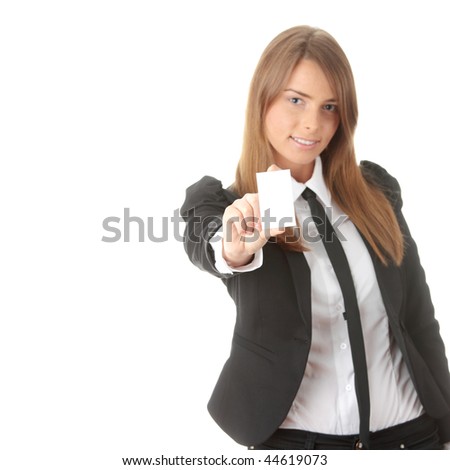 Beautiful young business woman with blank business card isolated on white background