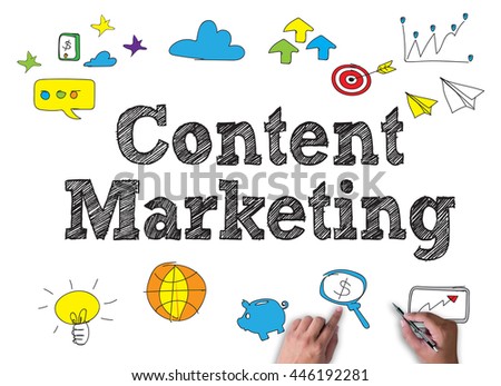 content marketing businessman work on white broad, top view