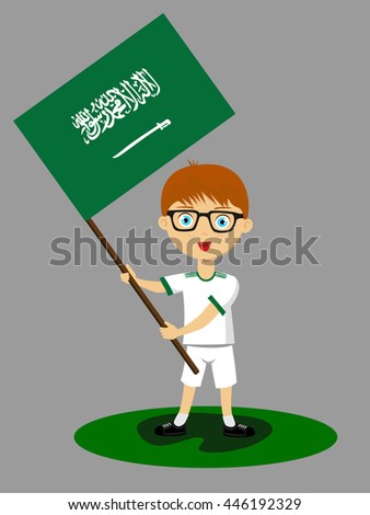 Fan of  Saudi Arabia national football team, sports. Boy with flag in the colors of the national command with sports paraphernalia.