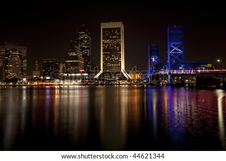 Beautiful Jacksonville, Florida skyline with reflections in St. John's River after dark