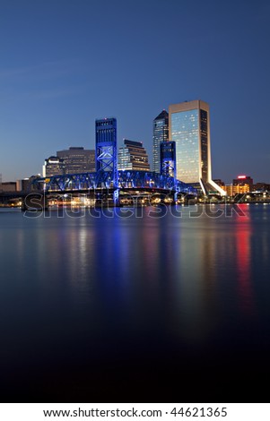 Beautiful Jacksonville, Florida skyline with reflections in St. John's River at twilight