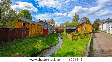 Small Raumanjoki river in Old Town in Rauma, one of the oldest harbours in Finland, situated on the Gulf of Botnia.
