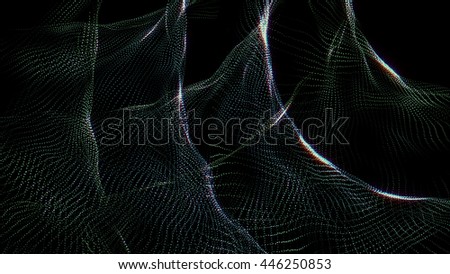 Abstract dotted lines and curves in shades of green fill a black background.