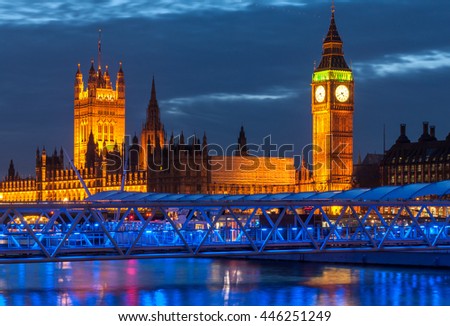 Big Ben and the Palace of Westminster, the meeting place of the House of Commons and the House of Lords, the two houses of the Parliament of the United Kingdom.