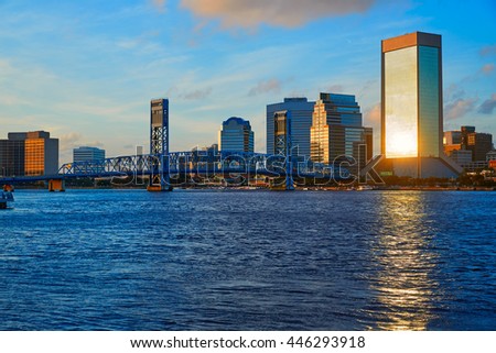 Jacksonville skyline evening with blue river reflection in florida USA