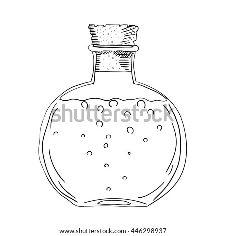 Sketch drawing of the bottle with a cork. Isolated object on a white background. A bottle 
with a potion. Stock vector illustration