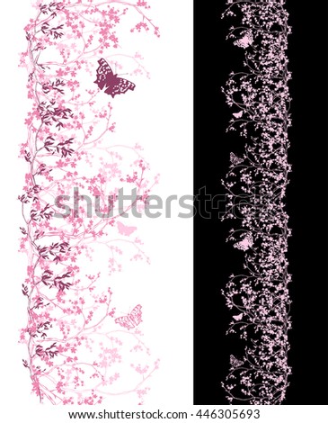 spring cherry tree vertical seamless border - shades of pink sakura flowers and butterflies vector design