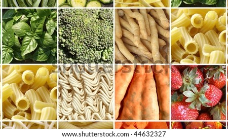 Food collage including pictures of vegetables, fruit, pasta and more - (16:9 ratio)