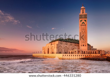 The Hassan II Mosque  largest mosque in Morocco. Shot  after sunset at blue hour in Casablanca. Royalty-Free Stock Photo #446331280