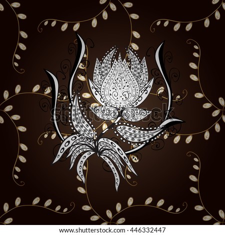 Seamless vintage pattern on brown background with golden elements.