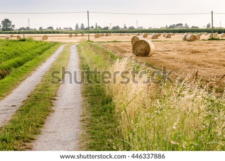 dirt road near field with hay bales