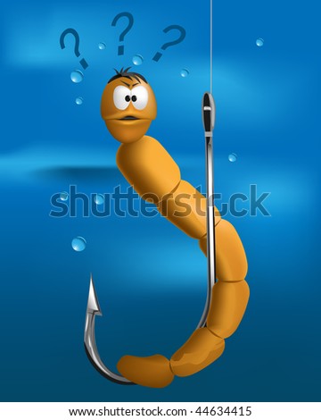 cartoon worm on the hook in the water