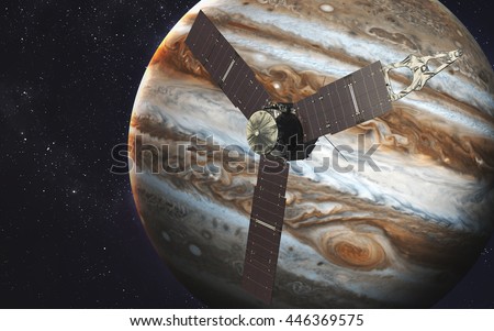 Juno spacecraft and Jupiter. Elements of this image furnished by NASA