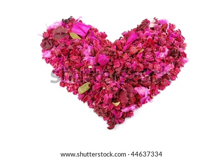 beautiful pink heart made of dried petals, leaves, flowers (isolated on white background)