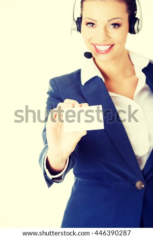 Customer service representative holding businesscard.