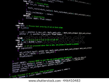 Part of source code for a computer program. View from an angle. Focus on the left, text fades to a blur on the right. Programming language is C. Written by the photographer (no copyright issues).