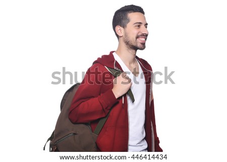 Portrait of young latin man with backpack. Isolated white background.