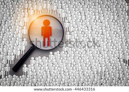 Searching for the right person concept , Magnifying glass focusing on the red man standing with many normal people paper cut shape on grey background