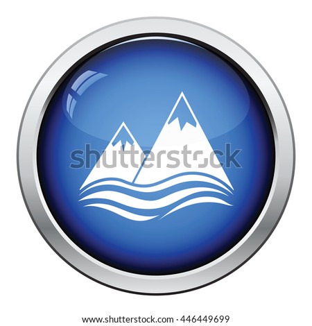 Snow peaks cliff on sea icon. Glossy button design. Vector illustration.