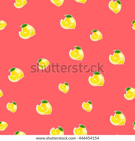 Pattern with lemon and leaves on red background.