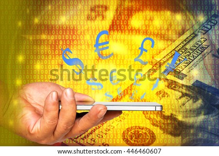 Fintech and Coded money concept image. Currencies sign flow out of smart phone screen against Double exposure of US dollar, Pound and Euro banknotes and abstract binary code background.