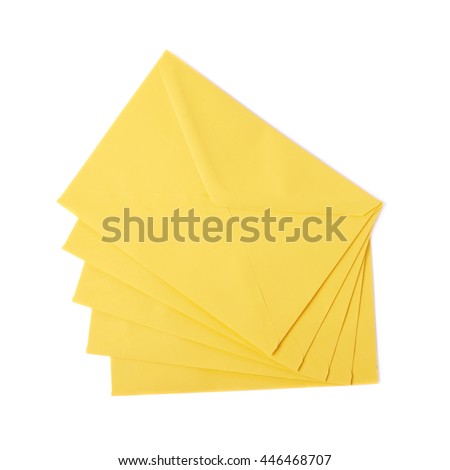 Stack of multiple yellow letter envelopes isolated over the white background