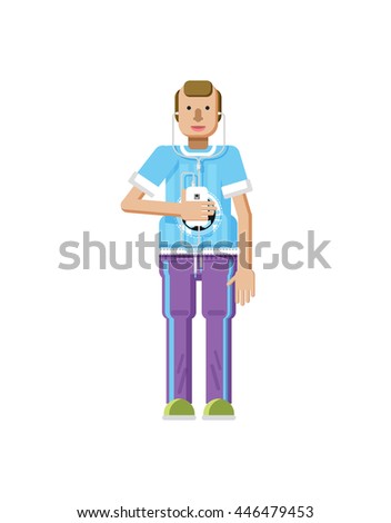 Stock vector illustration isolated of European man with blond hair, receding hairline, smartphone in hand, listen music from phone, T-shirt with soccer ball in flat style on white background