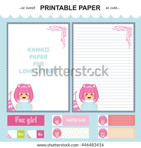 Vector printable letter paper stationery. Flat cartoon style. Kawaii manga anime girl, doodle flower. Note blank and stickers for diary, notebook, hand writing. Two options: with line and without