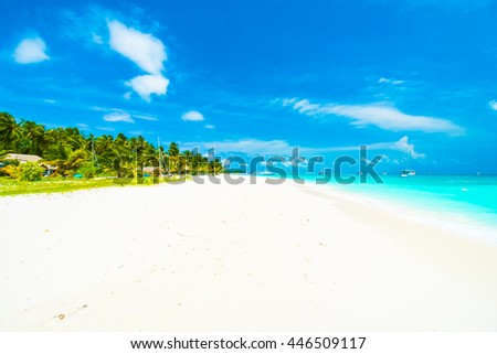 Beautiful tropical beach and sea in maldives island with coconut palm tree and blue sky background
