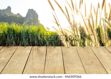 Empty wooden table or plank with Grass flowers with sunset and mountain and corn field on background for product display.