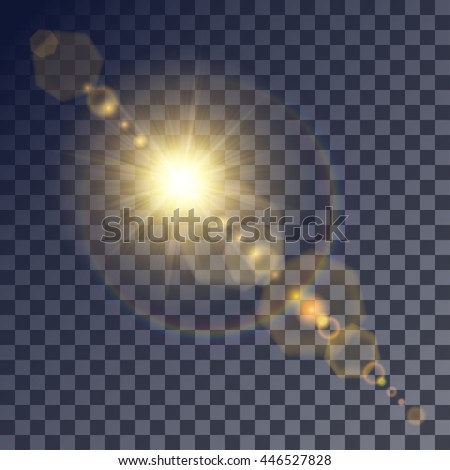 Shining vector golden sun with light effects. Flares and gleams rounded and hexagonal shapes, rainbow halo.
