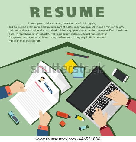 Job interview concept with business resume on green background.