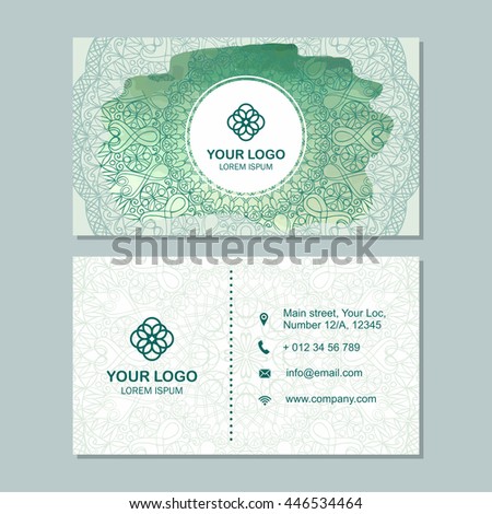 Visiting card and business card set with mandala pattern and simple logo. Abstract oriental design Layout with watercolor splash background. Front page and back page.